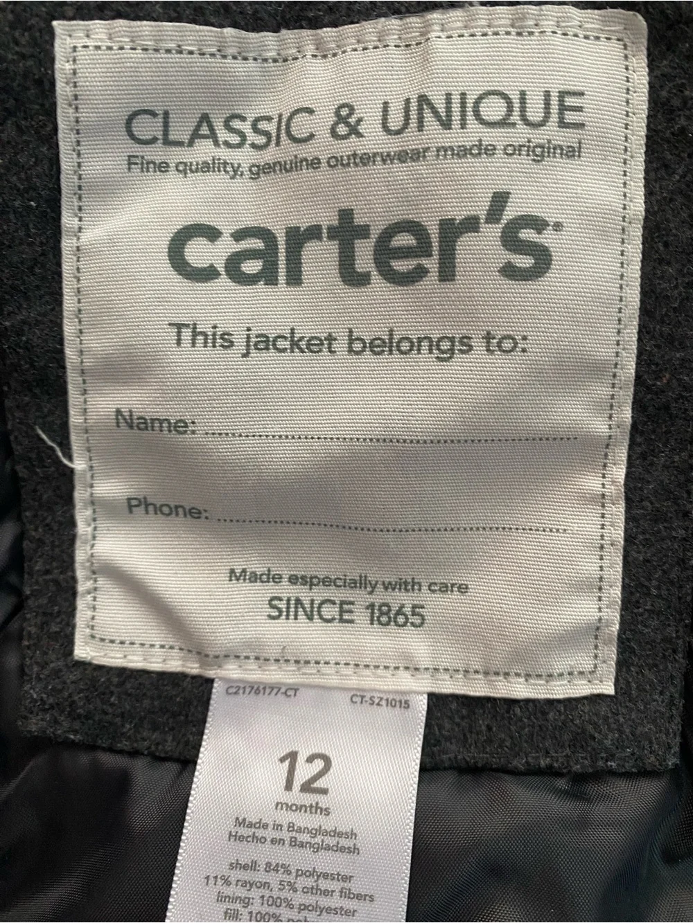 Carter’s Kids Hooded Toggle Coat - Dark Gray Size 12 Months